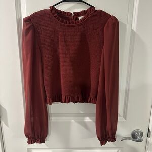 Wilfred Aritzia Tempest Smocked Stretch Ruffle Neck Long Sleeve Chiffon Blouse